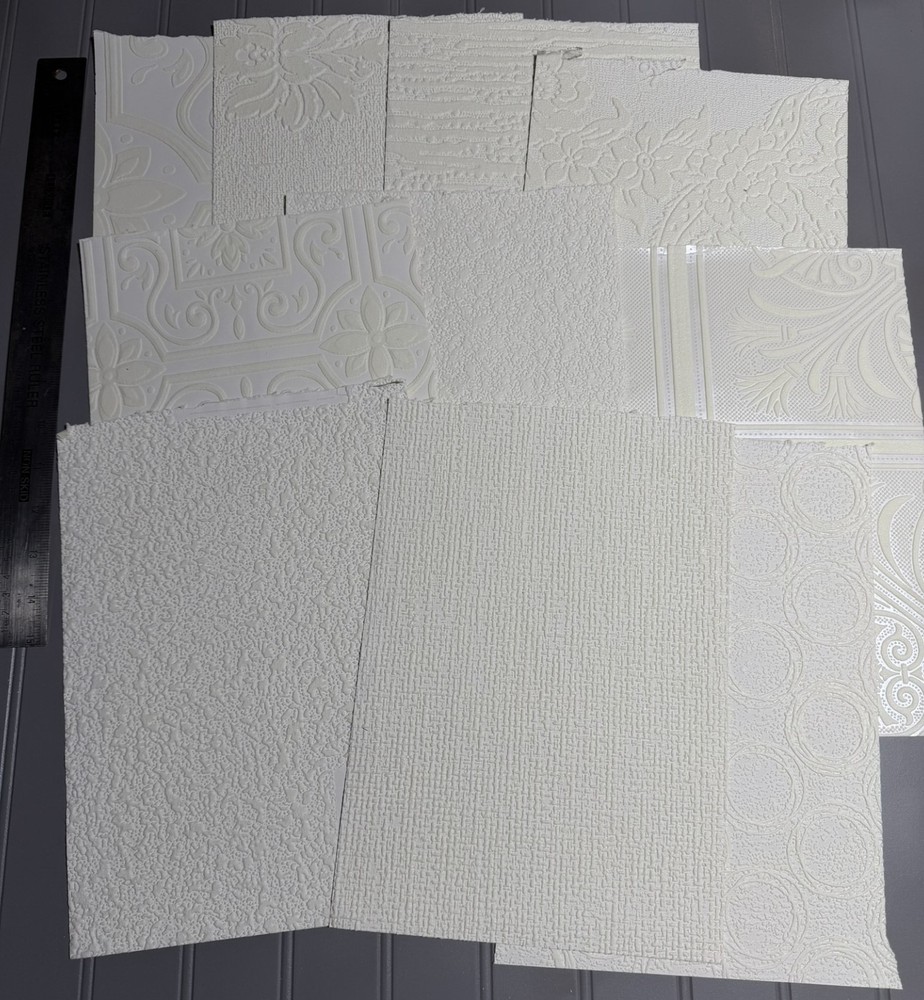 10 Assorted Vintage Textured White Wallpaper Samples / Remnants. Set 4.