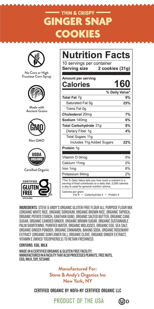 Steve & Andy’s Thin, Crispy & Scrumptious Ginger Snap Cookies - Organic & Glu...