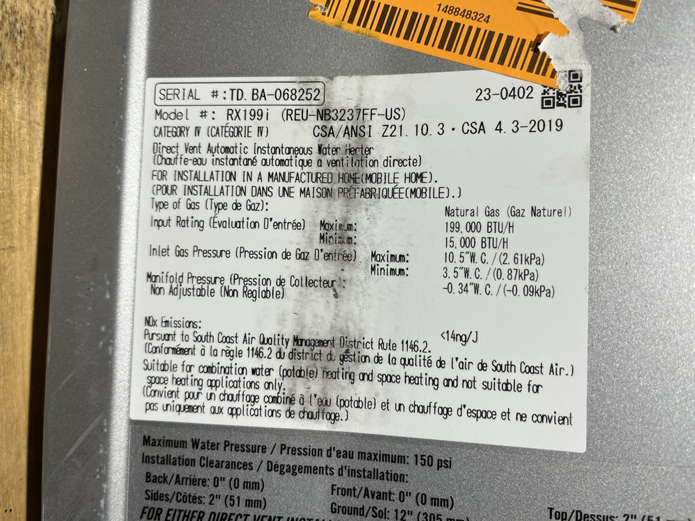 Rinnai RX199iN Tankless Water Heater 199k BTU Nat. Gas/Propane Gas (B-6 #1592)