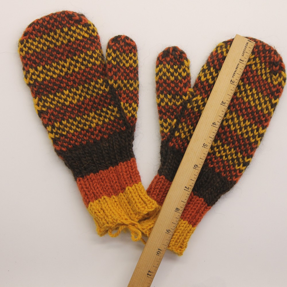 Dark Brown Yellow Orange Pattern Mittens Knit