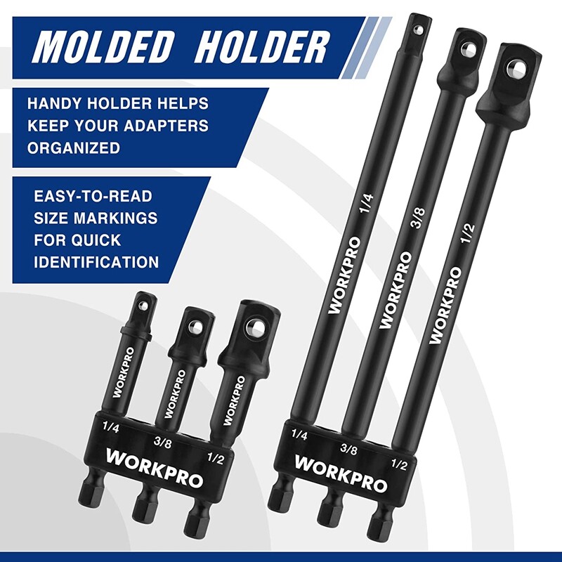 WORKPRO 6PC Socket Adapter Extension Set 1/4 3/8 1/2 Drive Impact Extension Bits