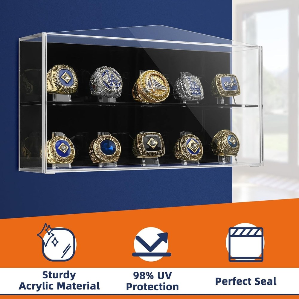 Championship Ring Display Case, 10 Slots Baseball Transparent, Black