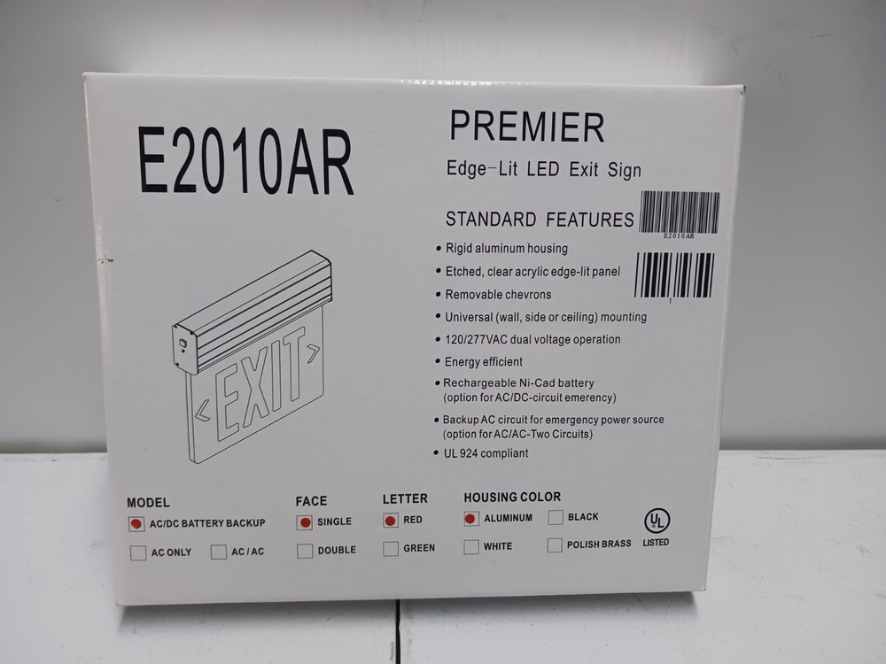 NEW PREMIER Lighting EDGE E2010AR 120/277 Edge-Lit LED Exit Sign Red Emergency