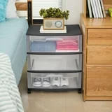 3 Drawer Wide Cart with Wheels Black Plastic