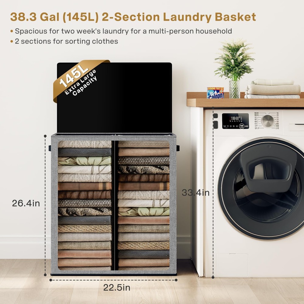 Double Laundry Hamper with Lid and Removable bag Large Laundry Basket 2 Secti...