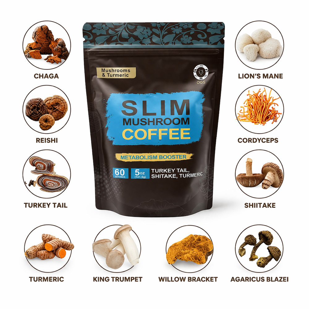 Slim Mushroom Coffee Blend 60 Servings Light Roast with Turmeric Shiitake
