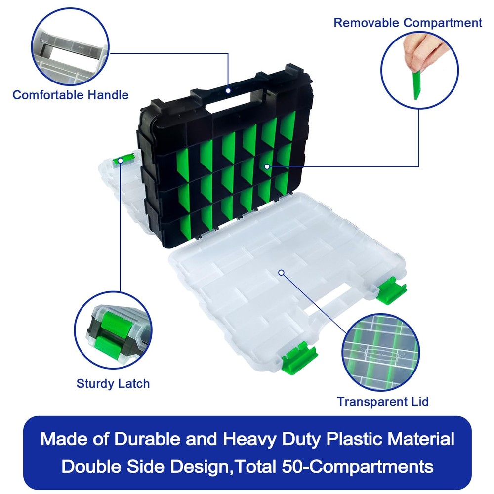 Tools Organizer Box Small Parts Storage 50-Compartment Double Side Green