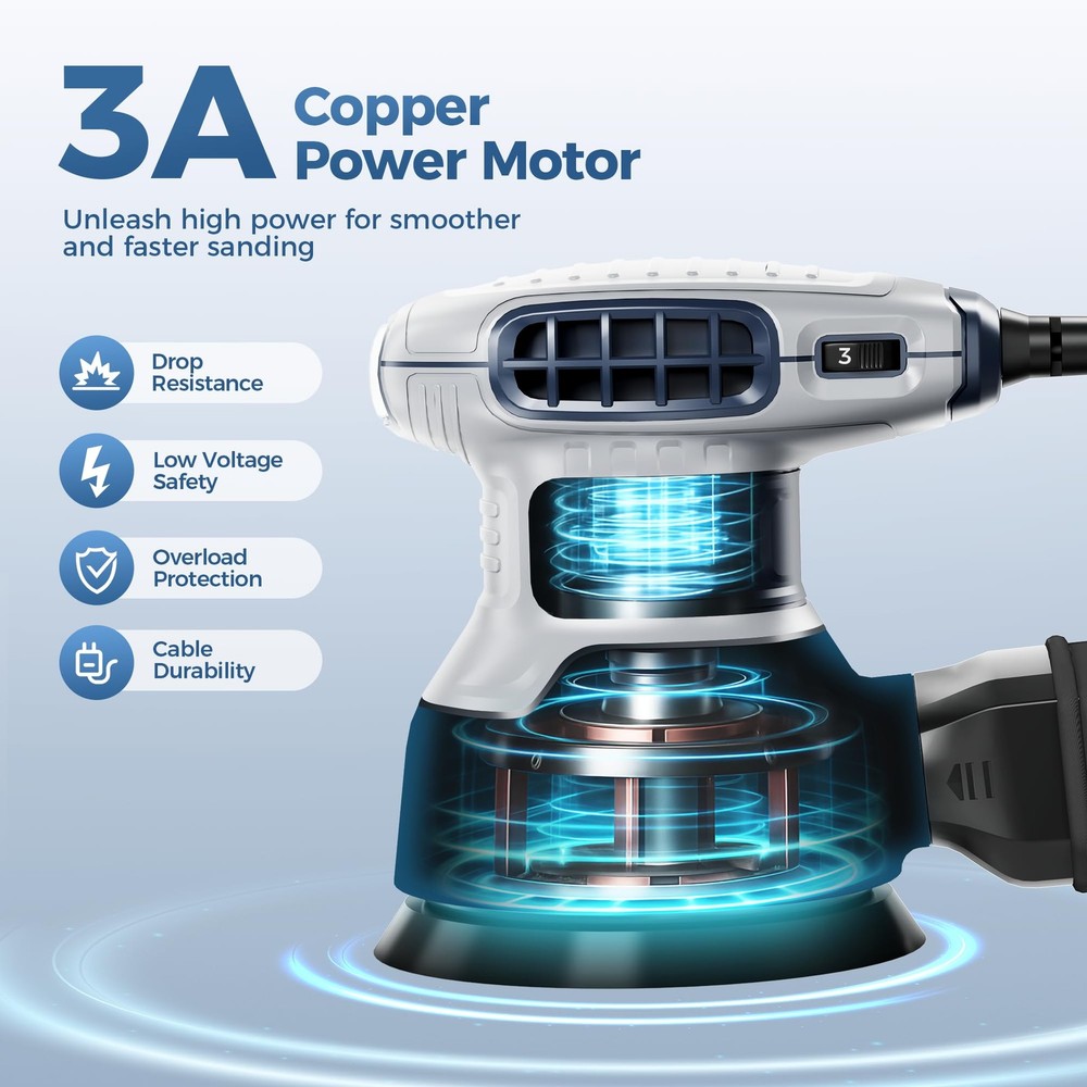 Orbital Random Sander Tool, 6 Variable Speeds With Dust Bag, 360W, Palm Hand ...