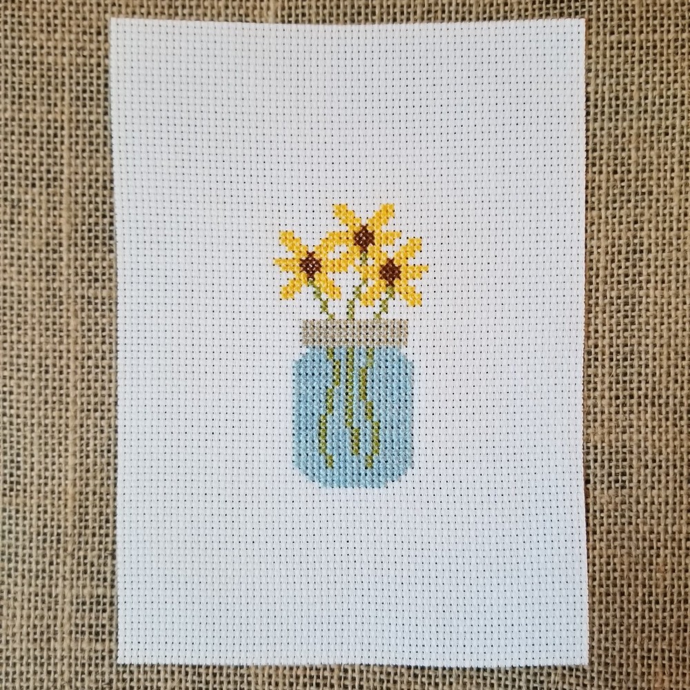 Finished Completed Cross Stitch Mason Jar Flowers Piece