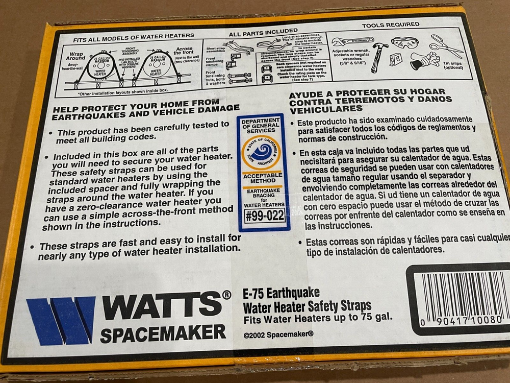Double Hot Water Heater Safety Straps, Watts Spacemaker E-75, 75 Gallon