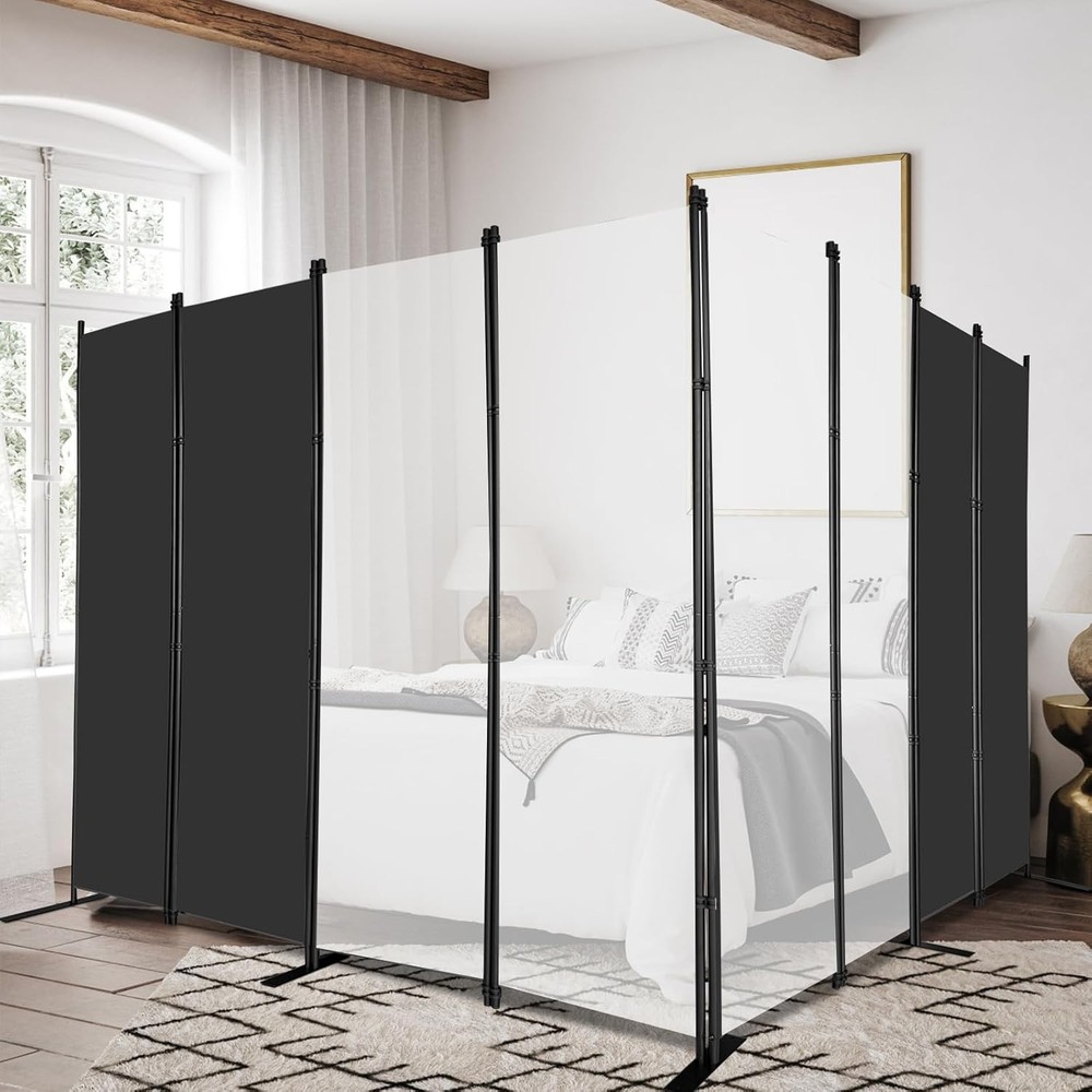 MAYOLIAH 8-Panel Black Room Divider 6ft Tall Folding Privacy Screen Portable