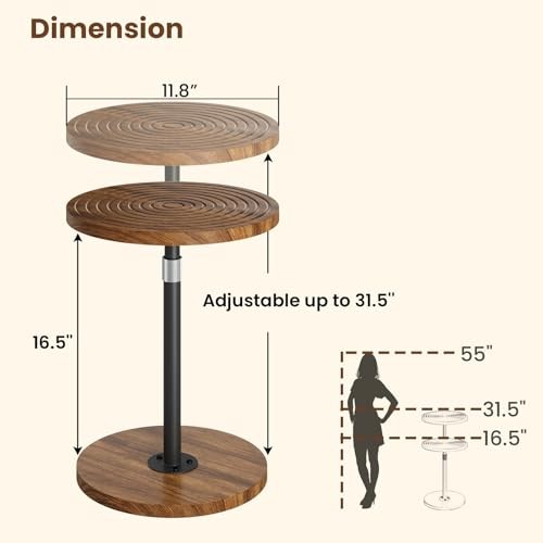 Round Side Table, Adjustable-Height Small Drink Walnut Adjustable-Height 1-Pack