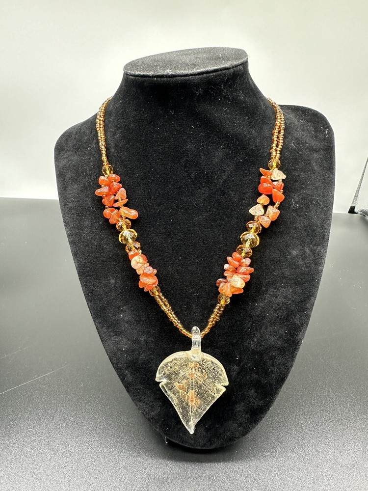 Resin Leaf Pendant Beaded Seeded And Orange Agate