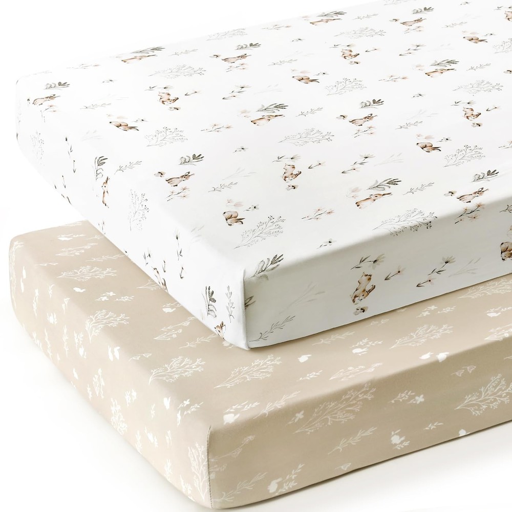 2 Pack Jersey Knit Fitted Crib Sheets, Stylish Watercolor Rabbit Pattern, Soft