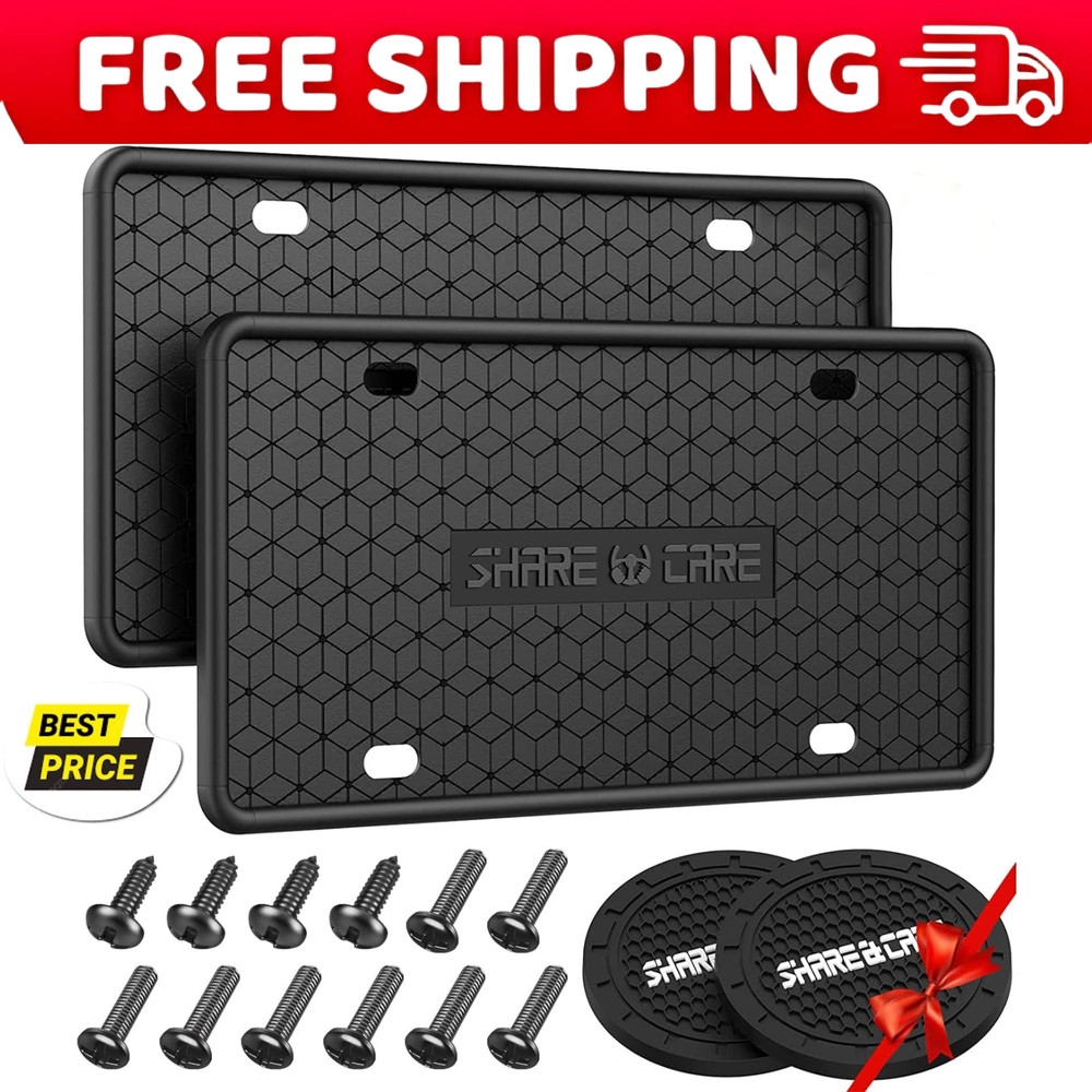 2 Pack Silicone License Plate Frame - Rust Proof & Weather Proof - Black