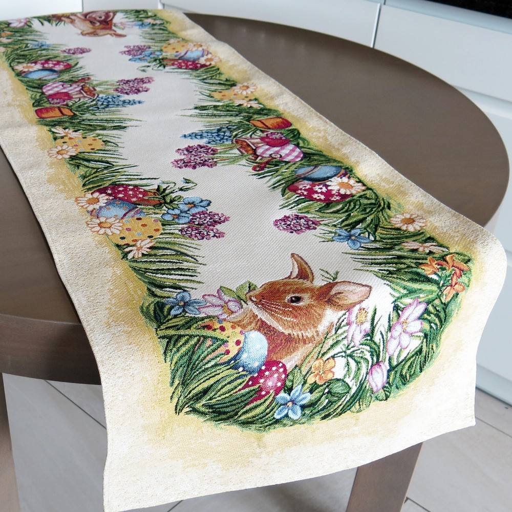 Easter Decorative Table Runner Tapestry Fabric Multicolor Naperon Bunny Yellow
