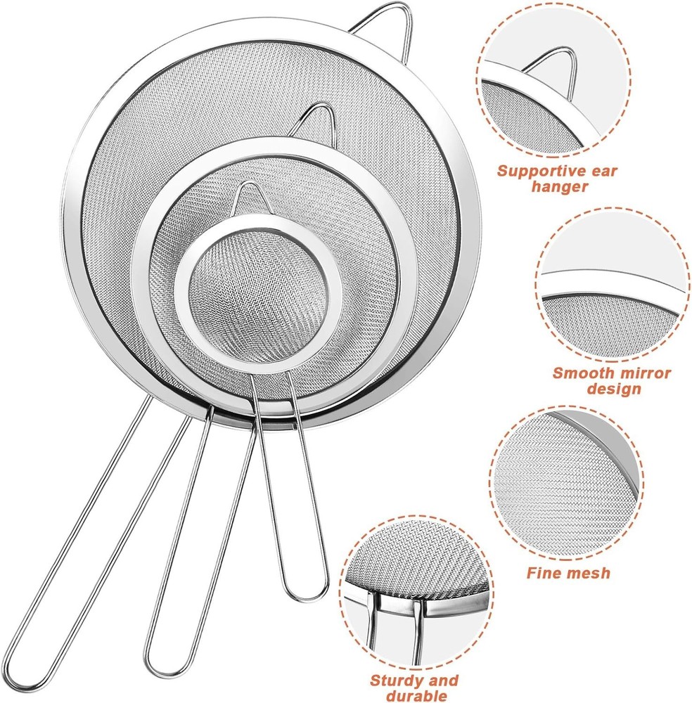 Versatile 3-Pc Stainless Steel Strainer Set - Perfect for Sifting & Straining