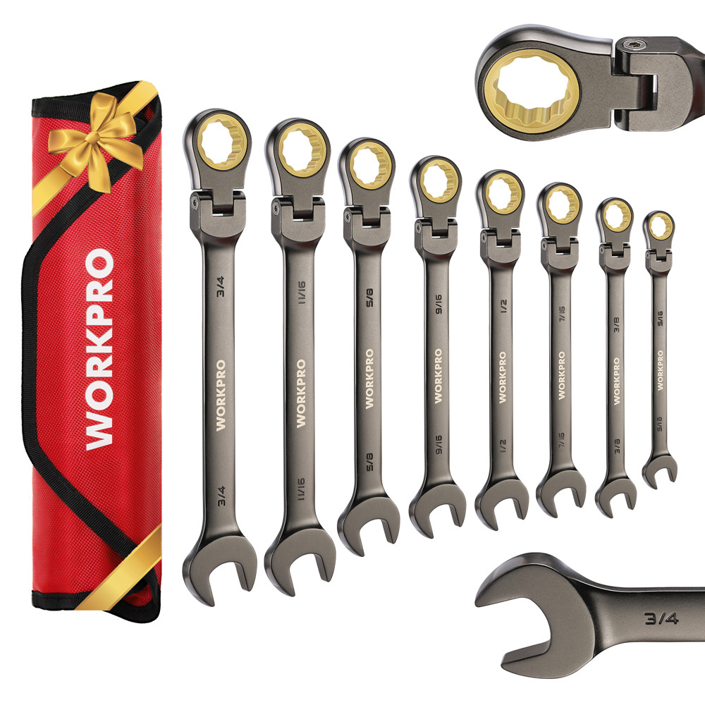 WORKPRO 8PCS Flex-Head Ratcheting Combination Wrench Set SAE 72-Teeth 5/16"-3/4"