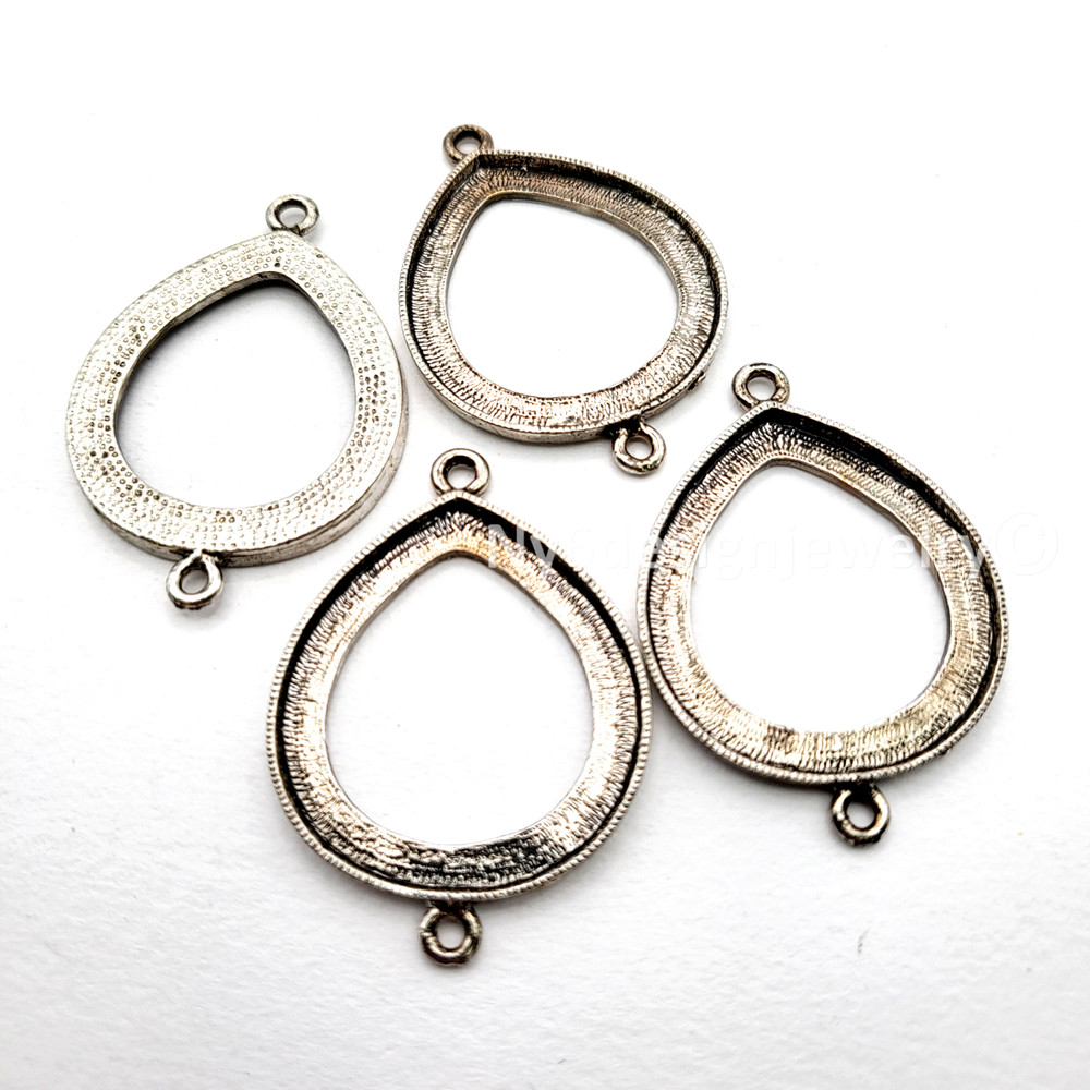 Antique Silver Plated Open Back Oval Teardrop Cabochon Setting Connector 42x30mm