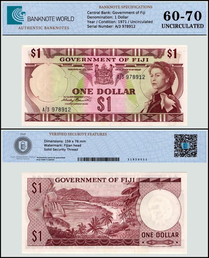 Fiji 1 Dollar, 1971 ND, P-65a, UNC, Authenticated Banknote