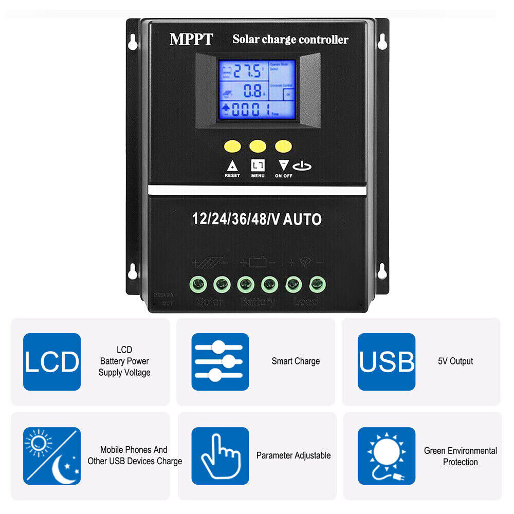 MPPT 12V/24V/36V/48V Solar ChargeController Tools 100A LCD Dual USB