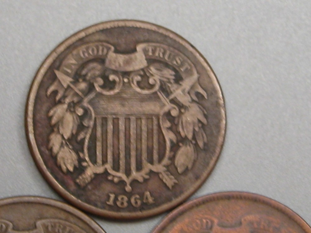 3-US 2¢ Two Cent Piece 1864, 1865, 1867.