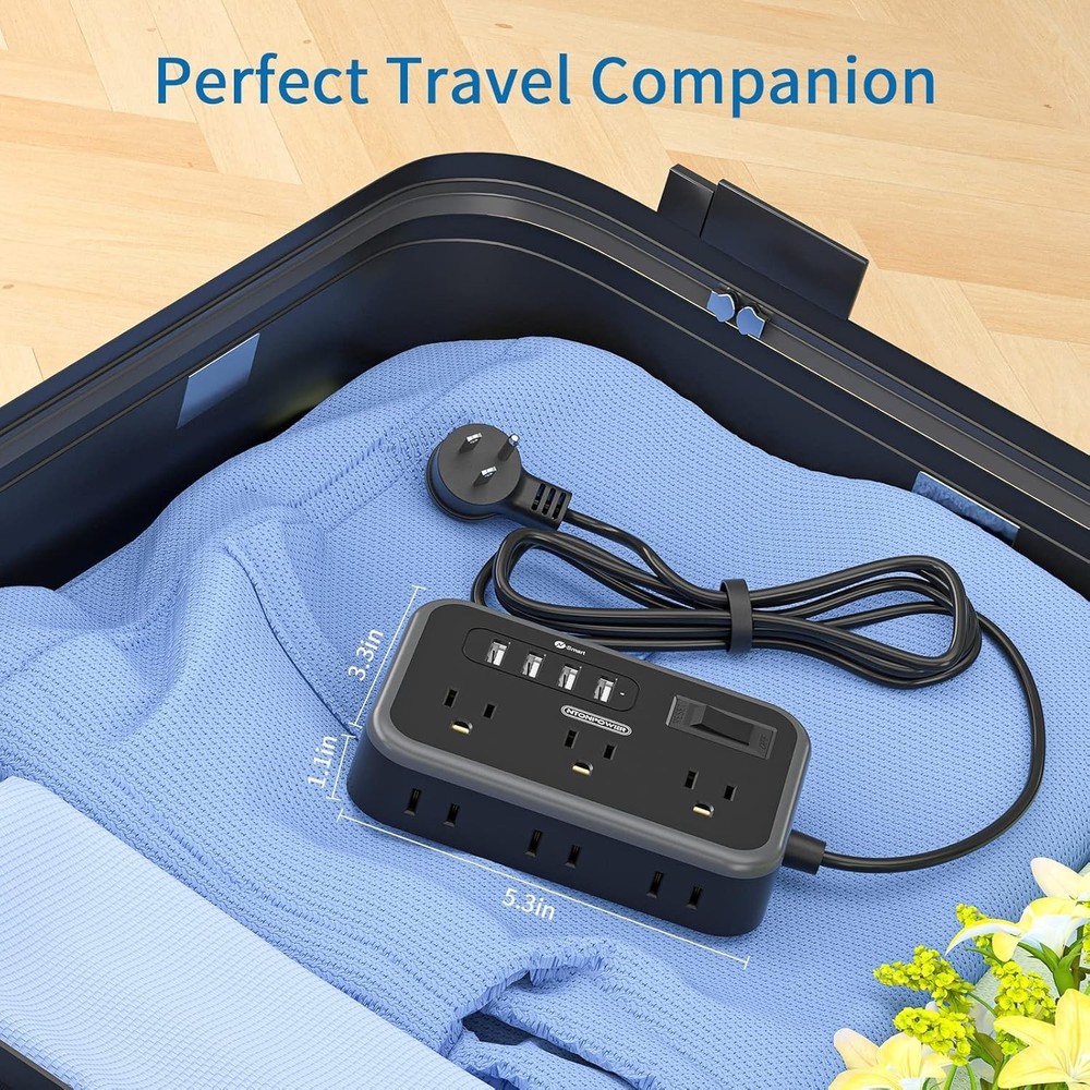 Black Power Strip 10 Outlets 6 AC 4 USB Smart Charging 5ft Flat Plug