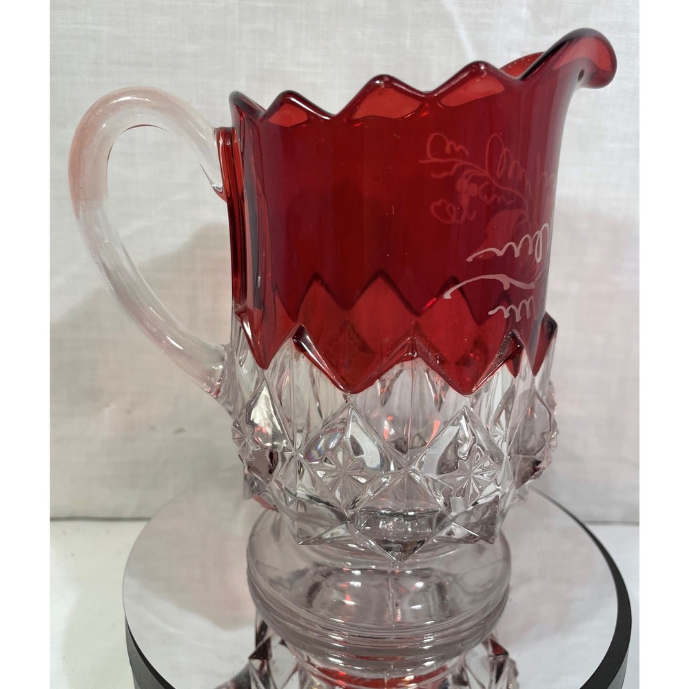 Vintage O'Hara Diamond Ruby Flash Creamer Etched Art Deco