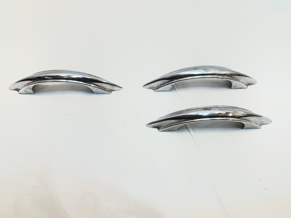 3 Vintage Polished Chrome Drawer Pulls Stepped Sides Art Deco Cabinet Handle