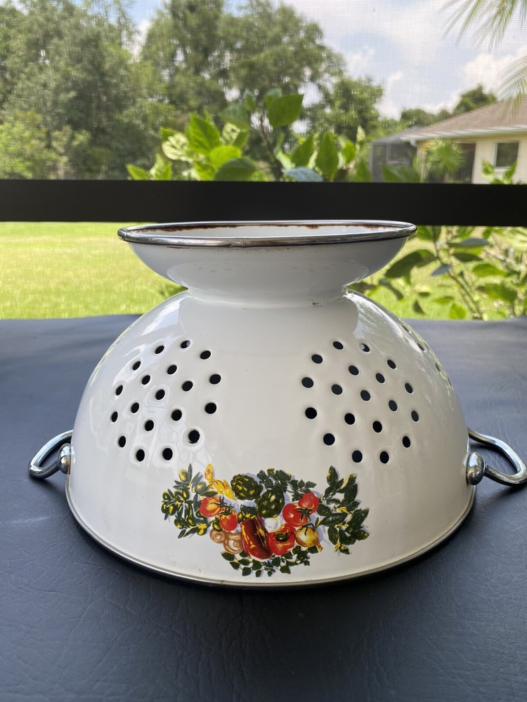 Vintage Footed Enamel Colander Strainer White With Vegetables Design With Handle