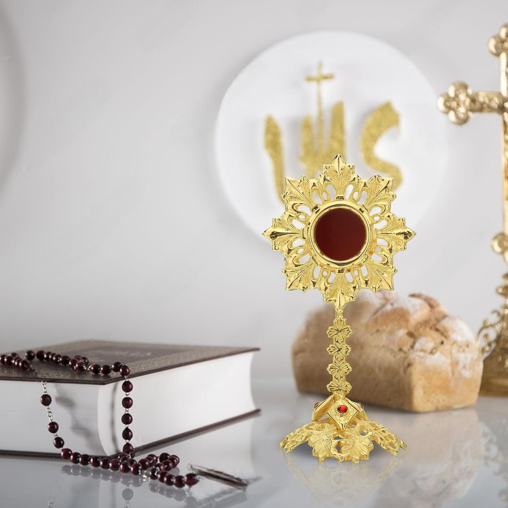 Solid Brass Reliquary With Ornate Base and studded Beads - Monstrance Catholi...