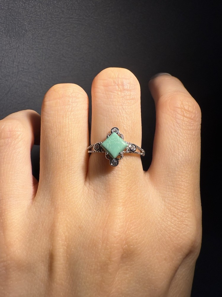 Natural Hubei Turquoise Square Ring / Silver- plated/adjustable