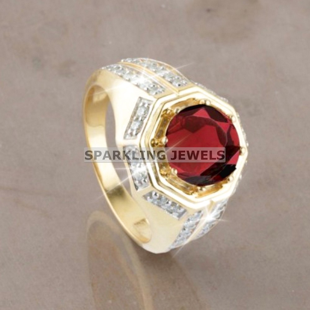 VVS Garnet Round Cut With 14K Solid  Gold  Ring For Men #C209