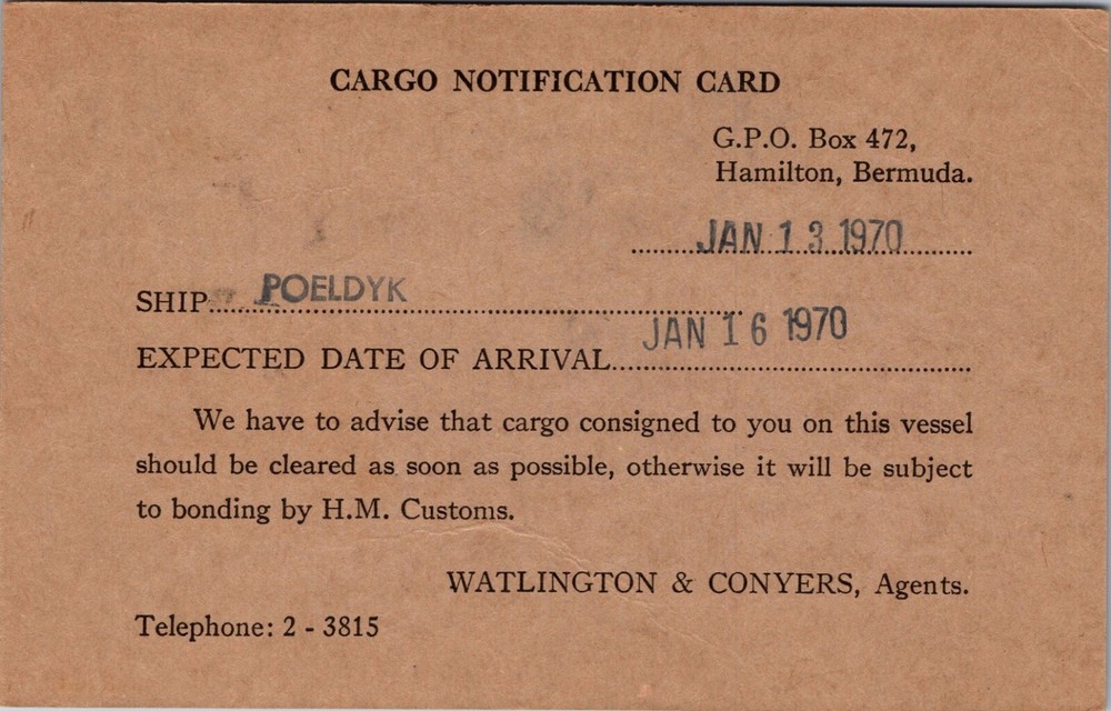 Bermuda 1970 - Cargo Notification Card - J8403