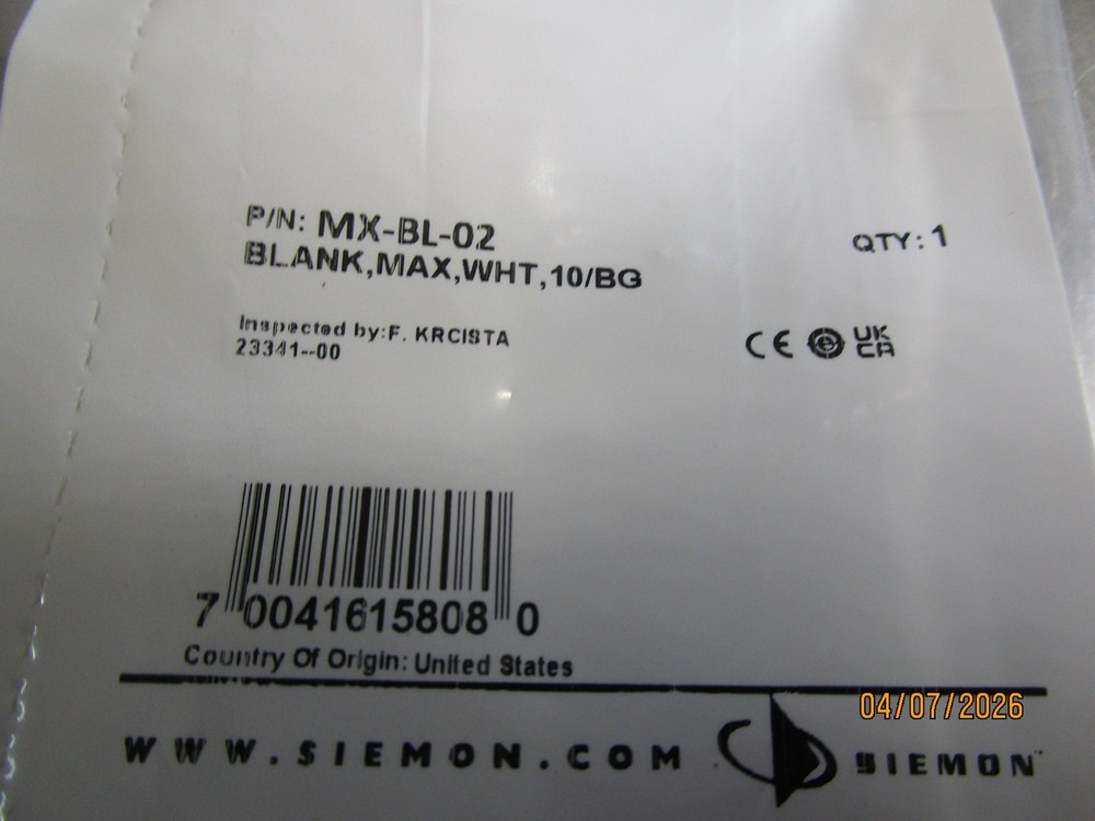 (10) MX-BL-02 Siemon Blank, MAX, White Blank Inserts for MAX Faceplates