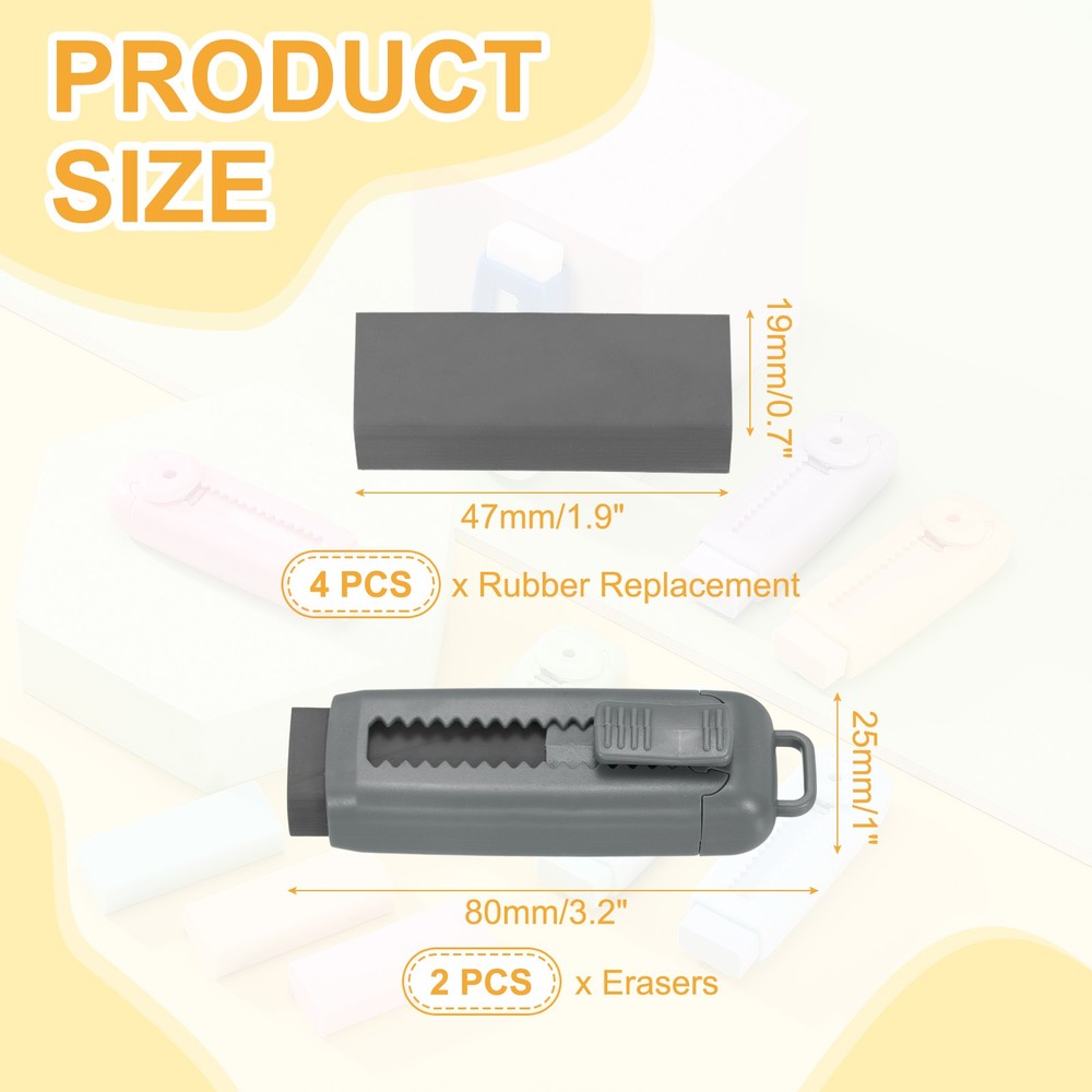 2+4Pack Erasers, Sliding Retractable Eraser Push Pull Cute Pencil Erasers, Gray