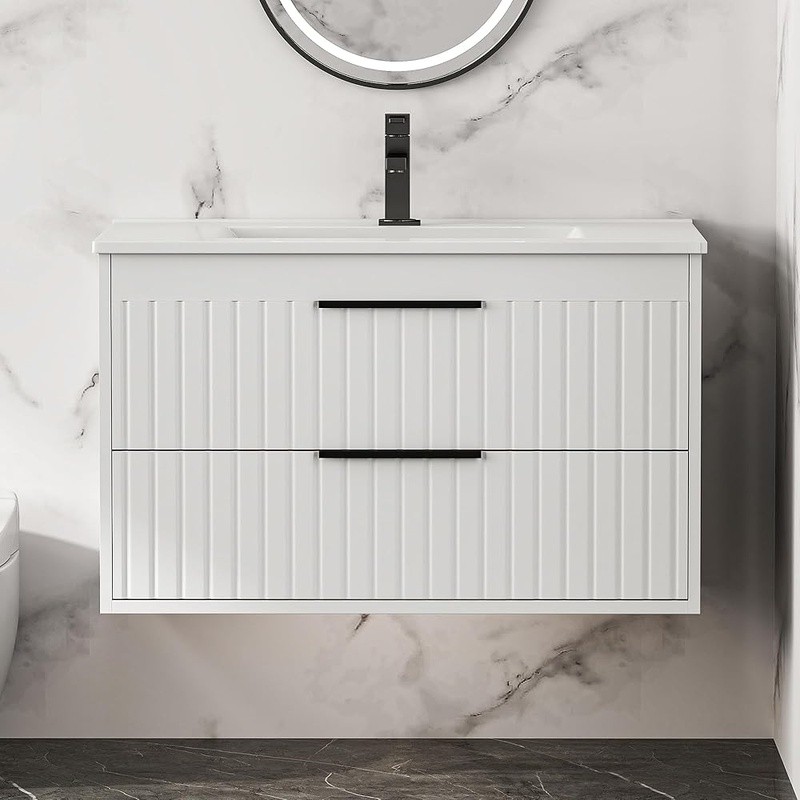 Wall-Mounted Bathroom Vanity Cabinet W/ Quiet Drawer System & Ample Storage New