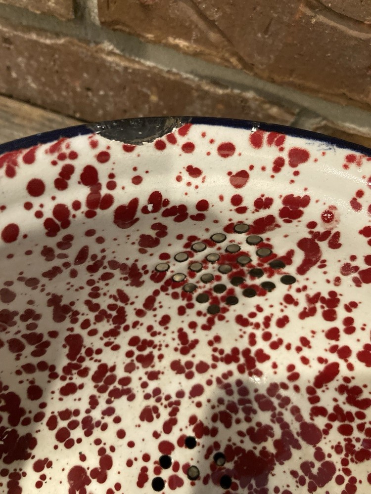 Vintage Dark Red Speckled Enameled Colander Strainer