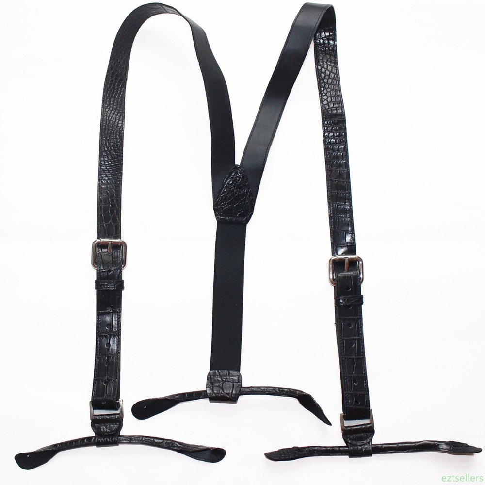 Suspenders for Men Leather Button End Elastic Tuxedo Y Black
