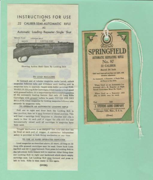 J Stevens 87 Hang Tag & Instruction Manual Reproduction
