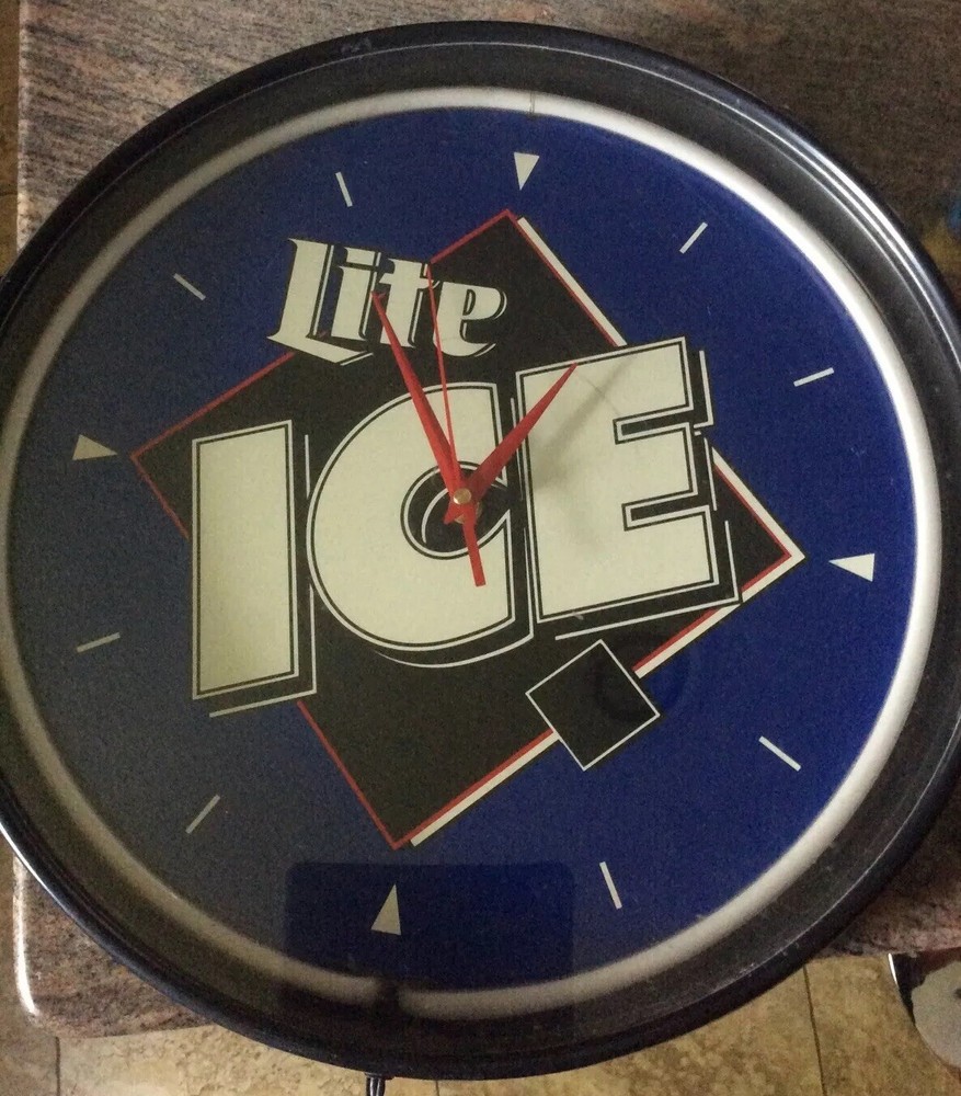 Miller Lite Ice Beer Clock 17 In. Diameter White Neon Lite