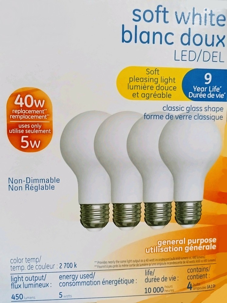 (4 pack) GE Lighting soft white LED A19, 40 watt equivalent, medium base, 450