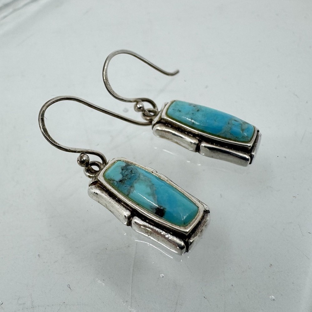 Sterling Silver Turquoise Rectangular Dangle Earrings 1” 3.3g