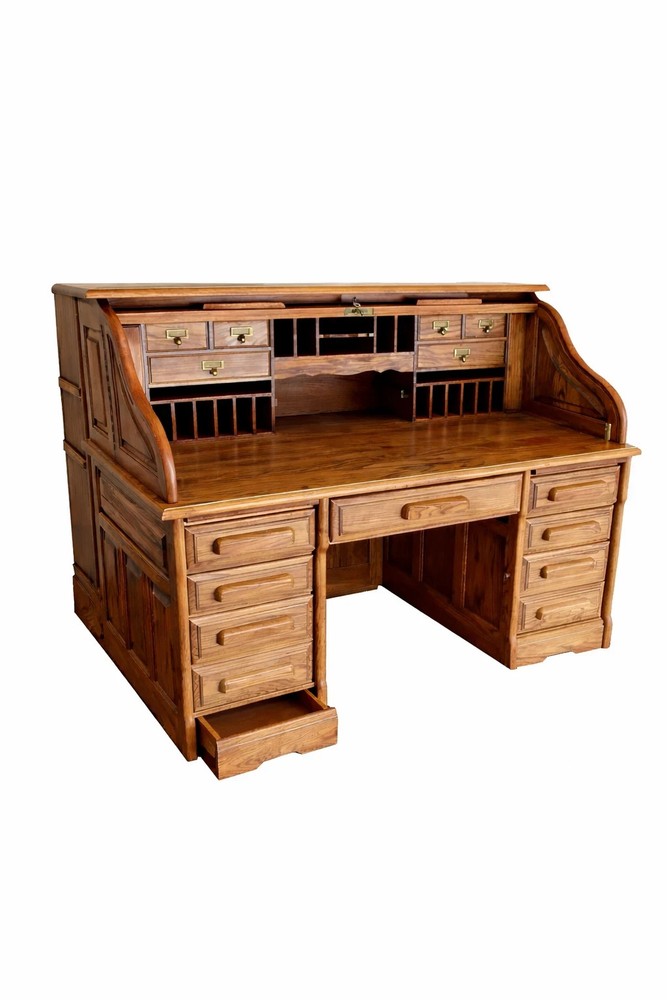 Classic Solid Oak Roll-Top Desk with Pigeonholes & Multiple Drawers – Warm Golde