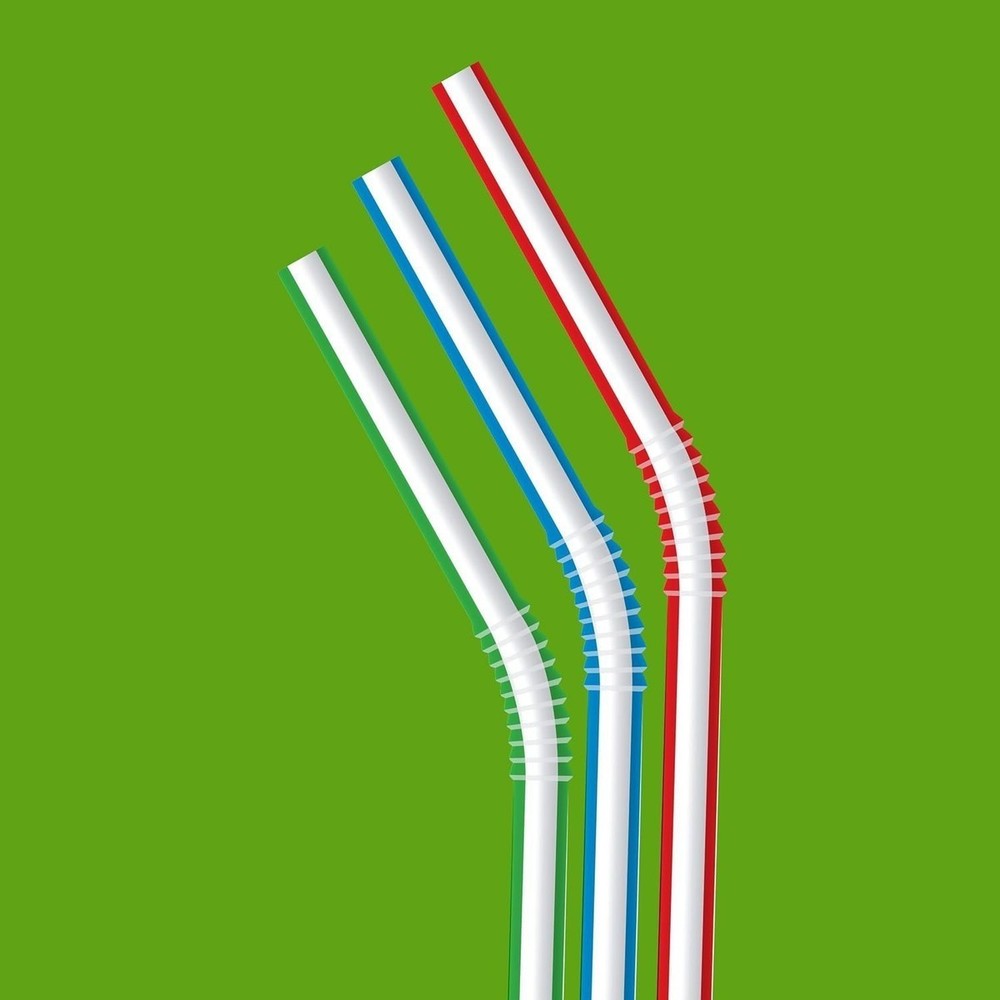 Amazon Basics Disposable Striped Plastic Flex Straws, 7.5" Long, Assorted Colors