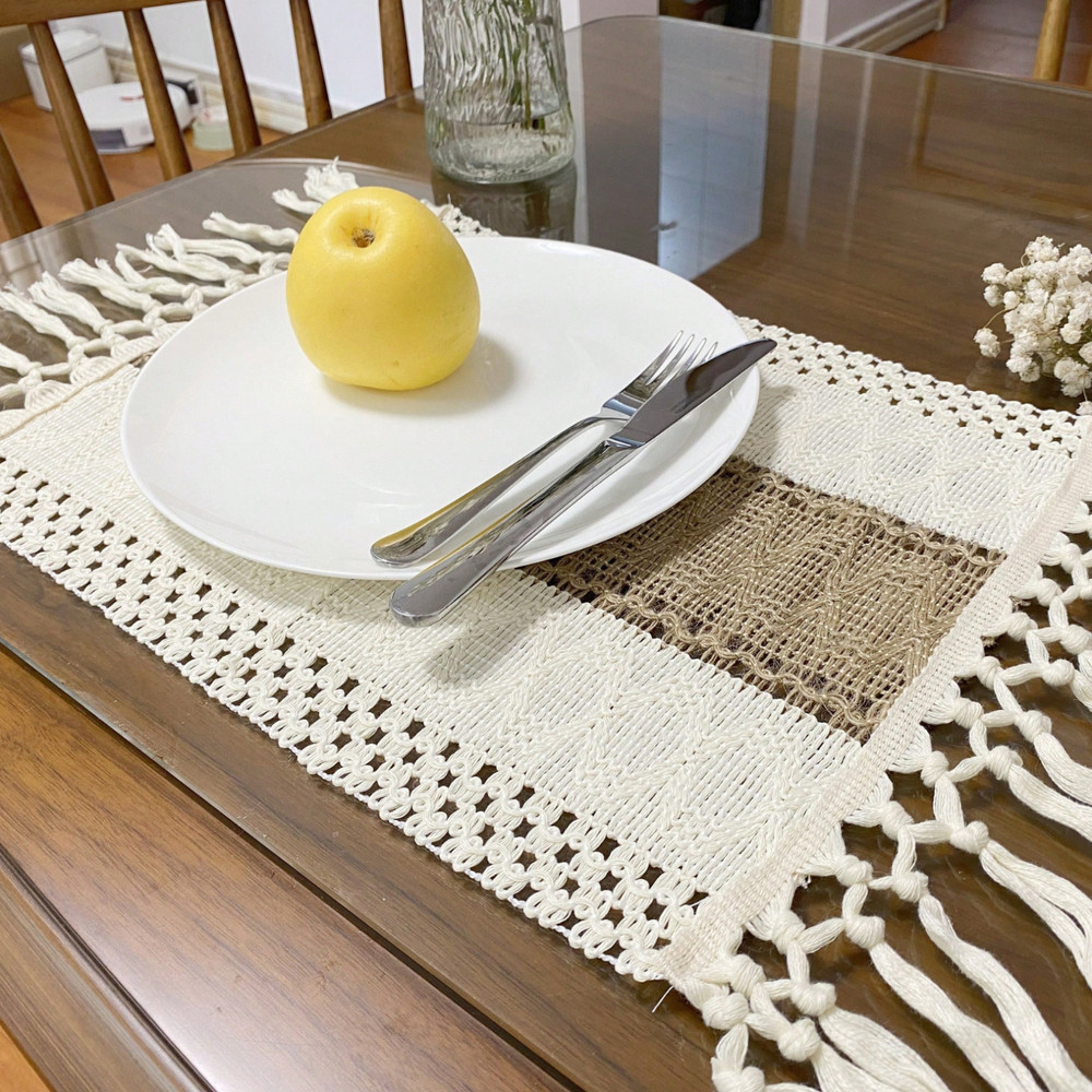 Boho Table Runner With Tassels Cream & Brown Macrame Woven Table Runner Mat