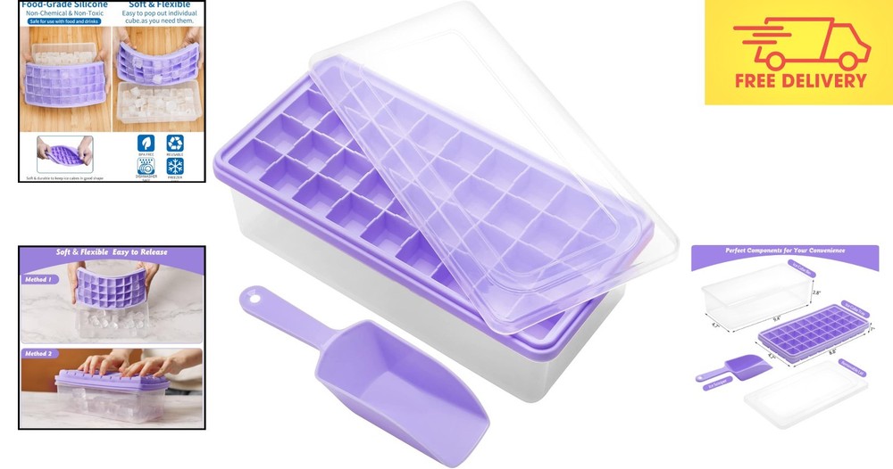 Stylish Violet Ice Cube Tray with Leak-Proof Lid – Dishwasher Safe & Compact