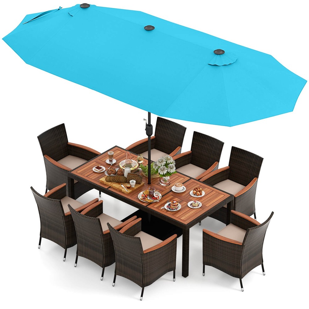 11PCS Patio Wicker Dining Set w/Double-Sided Outdoor Umbrella 8 Stackable Chairs