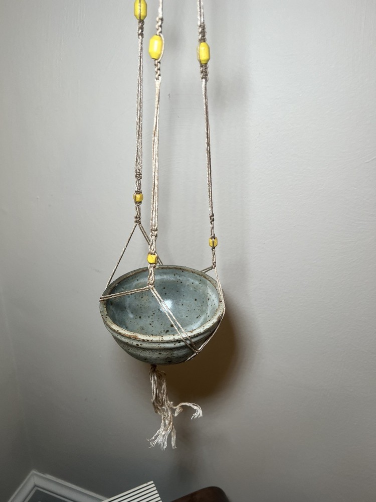 Hanging Pottery Planter Handmade Rope Hanger Signed Kitschy
