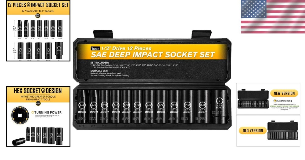 High Torque 1/2 Drive SAE Deep Impact Socket Set - 6 Point Hex Design, 12 Pieces